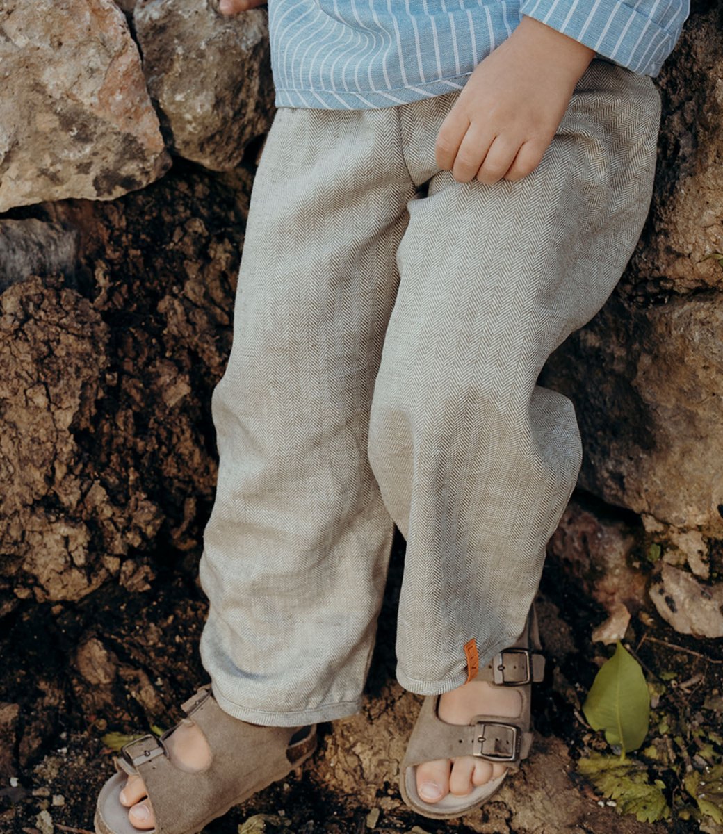 LEINENHOSE LANG BEIGE FISCHGRÄT